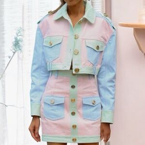 Colorblock Denim Jacket Skirt Set spring colors